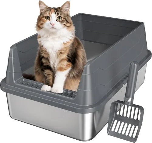Vista 2 de Paquete de 2 cajas de arena de acero inoxidable, cajas de arena para gatos cerradas XL, bandeja de arena de metal con lados altos, sin olor,