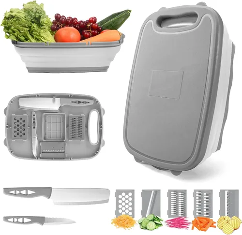 Vista 12 de Tabla de cortar para acampar, HI NINGER - Tabla de cortar plegable con colador, tabla de cortar multifuncional 9 en 1, cesta de lavado de verduras