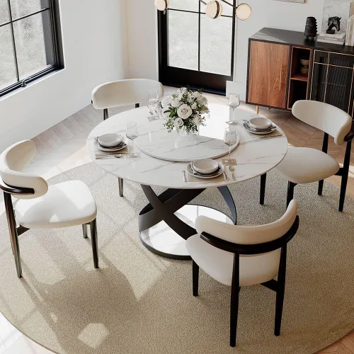 Vista 10 de POVISON Juego de 4 sillas de comedor redondas de lino y algodón con mesa de comedor de vidrio (mesa de comedor de 51 pulgadas + 4 sillas)