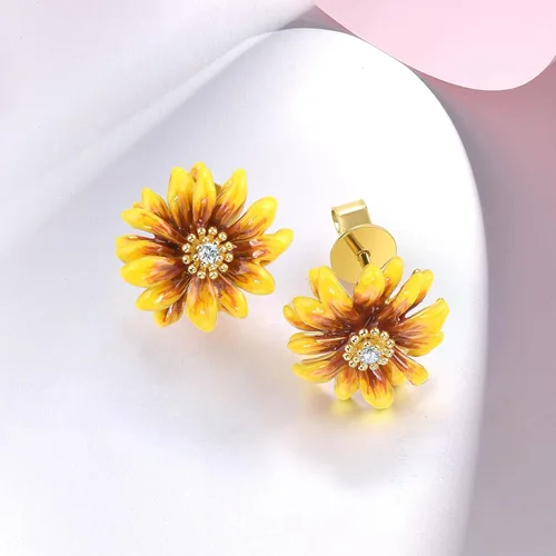 Vista 3 de Santuzza - Pendientes de plata de ley con flores esmaltadas y gemas de plata esterlina