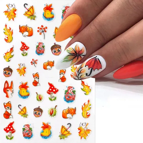 Vista 5 de Calcomanías de uñas de otoño 3D para mujer, hojas de arce de otoño, calcomanías de uñas para arte de uñas, dibujos animados, zorro, calabaza