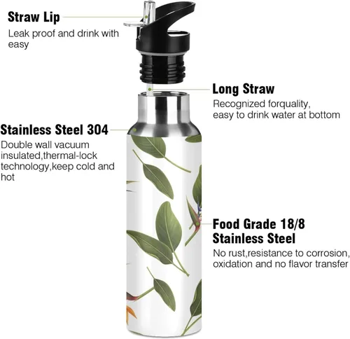 Vista 3 de BPA-Free Sport Water Bottle Insulated 32 Oz, Insulated Water Bottle for Gym Outdoor Travel School, Orange Flowers Green Leaves