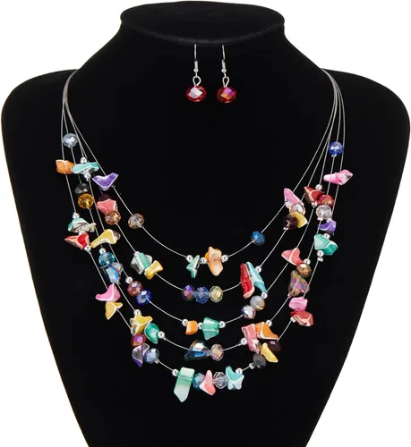 Vista 4 de Errally Collar bohemio en capas para mujer, collar de cuentas de concha de varias hebras con cuentas de cristal, conjunto de joyas coloridas