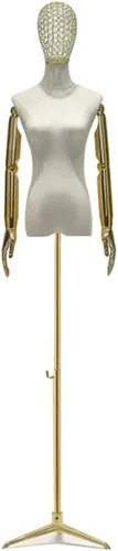 Vista 12 de Maniquí de forma de vestido femenino ajustable con soporte de trípode, brazos y cabeza desmontables para costura, ropa y exhibición de joyas, dorado