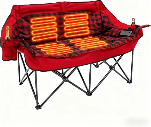 Vista 10 de Silla de Campamento Doble Climatizada con 2 Baterías, Sofá de Campamento Acolchado con 3 Niveles de Calor y 4 Zonas de Calefacción, Sofá de Dos