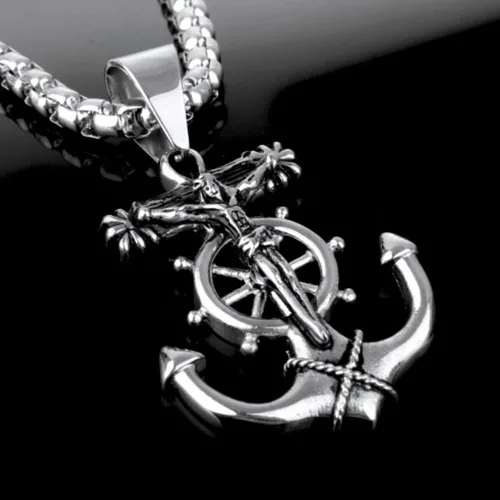 Vista 3 de JAJAFOOK Collar para Hombre de Acero Inoxidable Plata con Ancla Náutica y Cruz de Jesús