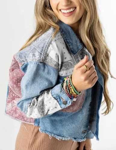 Vista 3 de happlan Women's Patchwork Cropped Casual Jacket in Washed Denim