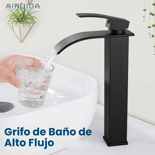 Vista 4 de Airuida Grifo de fregadero de recipiente, grifo de cascada alto negro sin