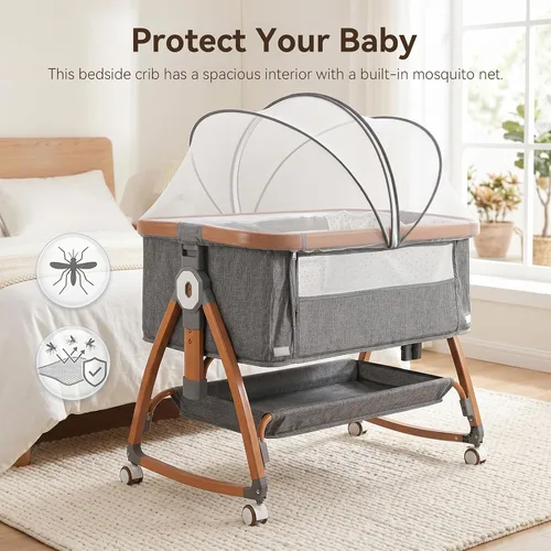 Vista 6 de Bedside Bassinet, Baby Rocking Crib with Adjustable Height, Grey