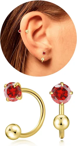 Vista 21 de Pequeños aretes de piedra natal natural de 0.118 pulgadas para mujeres, adolescentes y niñas, pequeños aretes de medio aro para cartílago