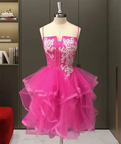 Vista 2 de Vestidos de regreso a casa Vestido de fiesta de tul Apliques Vestido de fiesta de cóctel de encaje corto tirantes espagueti vestidos