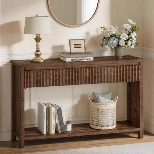 Vista 10 de BON AUGURE Mesa consola de madera para entrada, mesa de entrada de 47 pulgadas con almacenamiento, mesas de sofá estrechas con cajones, modernas