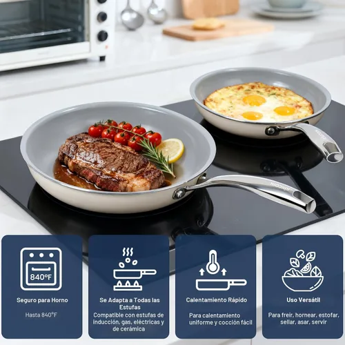 Vista 5 de Kikcoin - Juego de sartenes de cerámica antiadherentes - 3 tamaños, sartenes para tortilla para una cocina saludable, 8+9.5+11 pulgadas, con asa