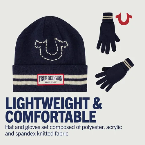 Vista 4 de True Religion Beanie Hat and Gloves Set, Cuffed Winter Knit Cap with Stitched Yarn Horseshoe Logo and Fleece Lined Mittens