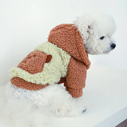 Vista 5 de Suéter de sherpa con capucha para perro pequeño, abrigo de forro polar cómodo y suave con capucha para clima frío, ropa cálida para perros pequeños