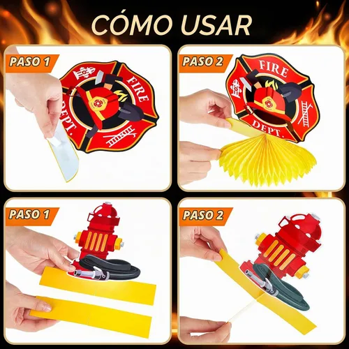 Vista 3 de Epakh 10 piezas de decoración de fiesta de cumpleaños con tema de camión de bomberos, suministros de mesa con tema de camión de bomberos, centros