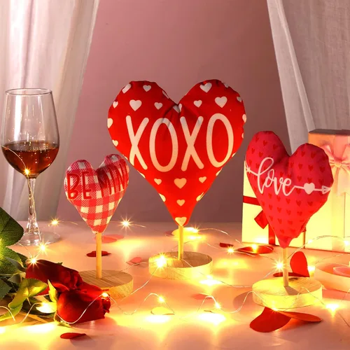 Vista 5 de 3 piezas de adornos de corazón de tela para el día de San Valentín, letrero de amor de madera Love Be Mine para chimenea, decoración rústica