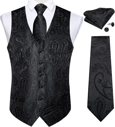 Vista 18 de DiBanGu Juego de chaleco y corbata para hombre, chaleco formal de cachemira y corbata con bolsillo cuadrado y gemelos, de seda, para traje o Verde