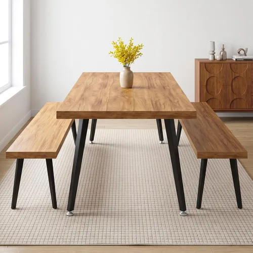 Vista 30 de ZckyCine Conjunto moderno de mesa de comedor de 5 piezas con mesa rectangular de madera y 4 sillas tapizadas en cuero, capacidad para 4 personas