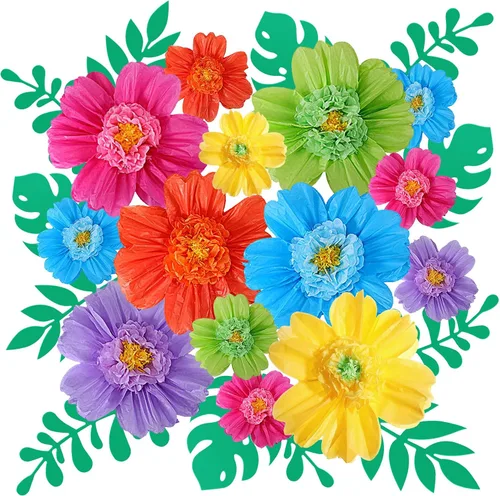 Vista 9 de Crowye 12 flores grandes de papel de seda coloridas y hojas tropicales, flores de papel gigantes de 20 pulgadas, hojas tropicales para fiesta
