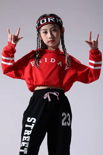 Vista 5 de Conjunto deportivo de 2 piezas para niñas, ropa de baile de hip hop, sudadera corta con capucha y pantalones deportivos (rojo, 10-12), Rojo