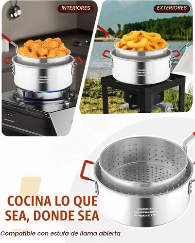 Vista 7 de Freidora de pescado 10QT con canasta, tapa y pinzas, olla de aluminio Olla con termómetro, para pescado, alas de pollo y papas fritas, solo llama