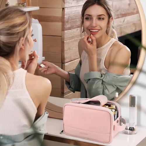 Vista 6 de Neceser para mujer, organizador de bolsa de viaje de maquillaje, bolsa de cosméticos de baño grande, kit de Dopp de viaje, bolsa de ducha, Rosa, L
