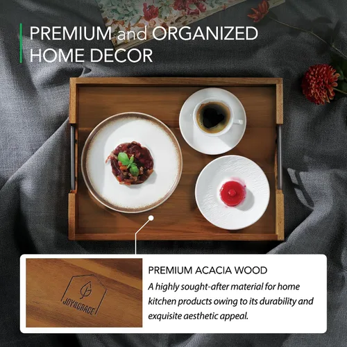 Vista 4 de Joy&Grace Bandeja otomana para sala de estar, bandeja grande de madera de acacia con asas para mesa de café, desayuno en la cama, cena de comida