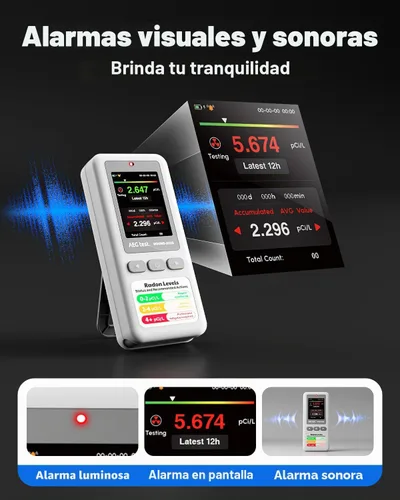 Vista 5 de HOUND-1011S Detector de radón portátil, sensor de alta precisión para el hogar, ligero, alarmas audibles y visuales, monitoreo a largo plazo Blanco
