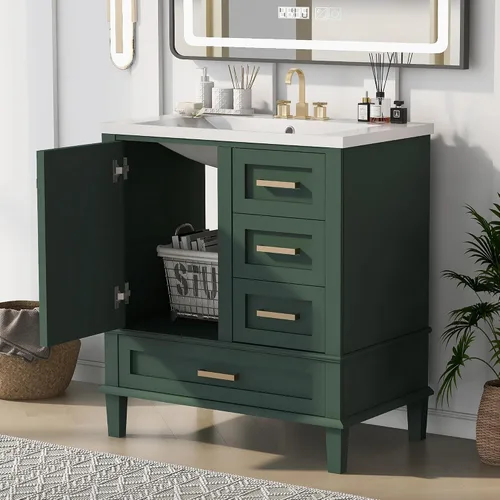 Vista 42 de Tocador de baño multifuncional de 30 pulgadas con lavabo individual, armario combinado de montaje inferior, marco de gabinete de baño de madera