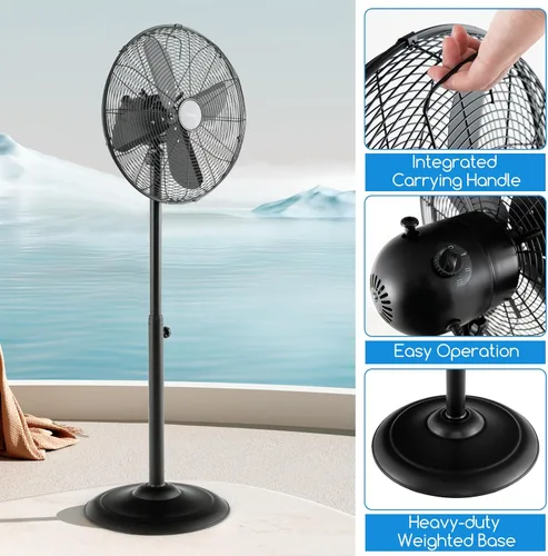 Vista 7 de Tangkula Ventilador de pedestal de metal de 16 pulgadas, ventilador de pie de metal industrial con altura ajustable, 3 velocidades, oscilación