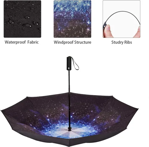 Vista 5 de Paraguas invertido de doble capa, plegado automático, reversible, resistente al viento y a los rayos UV, para lluvia, coche, viaje, al aire libre