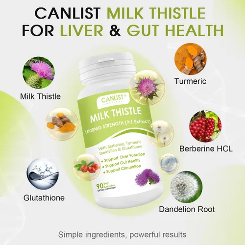 Vista 3 de CANLIST Cápsulas de cardo mariano de 1000 mg, potente extracto 9:1, apoyo para la salud hepática, desintoxicación y limpieza, antioxidante y salud