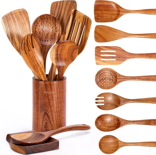 Vista 11 de Cucharón de madera para sopa, cucharón de madera de teca de 3 tamaños con ganchos traseros, cucharas de madera resistentes al calor para cocinar