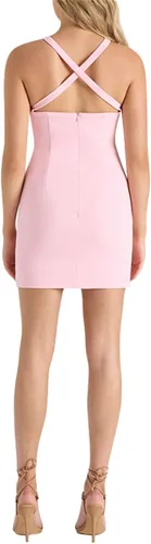Vista 3 de NUFIWI Vestido corto sexy con cuello halter para mujer, sin mangas, irregular, con volantes, entallado, sin espalda, fruncido, vestido de fiesta