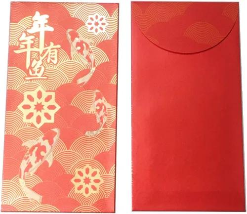 Vista 2 de Paquete de 12 sobres rojos chinos de la suerte vietnamita Li Xi para el año nuevo lunar, pez koi, pez dorado, sobre rojo para boda, cumpleaños, baby