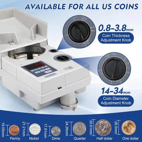 Vista 2 de Ribao CS-10S Contador y Clasificador de Monedas Portátil de Alta Velocidad, Velocidad de Conteo de 1800 Monedas por Minuto, Capacidad de Tolva