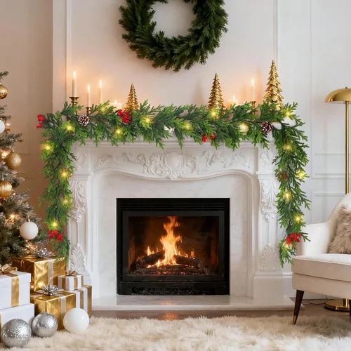 Vista 5 de Guirnalda de Navidad preiluminada de 6 pies con luces, guirnalda de cedro realista con bayas rojas, cono de pino artificial de tacto real, guirnalda