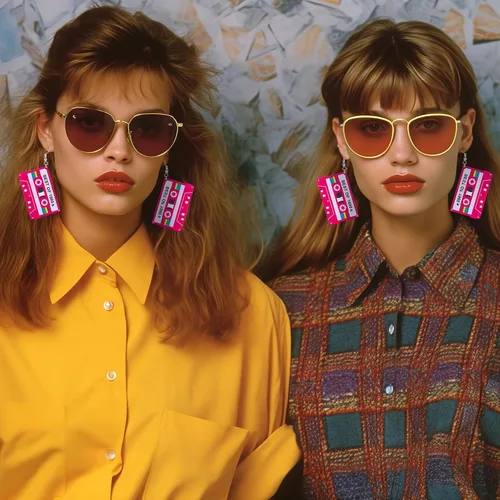 Vista 4 de Aretes colgantes de cinta de casete retro de los años 80 para mujer, aretes acrílicos ligeros de los años 80, accesorios de neón para fiestas