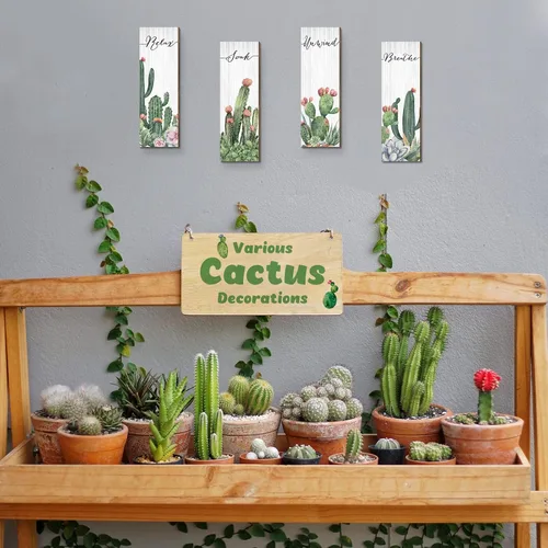 Vista 3 de Amyhill 4 piezas de decoración de pared de cactus Relax Soak Unwind Breathe - Decoración de pared de cactus de madera para colgar en la pared