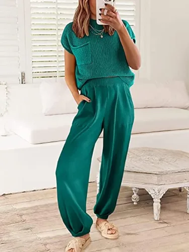 Vista 2 de Auciho Women's Sweater Sets Two Piece Outfits Knit Lounge Set Pullover Tops Harem Pants Matching Clothes Set