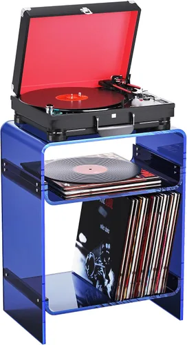 Vista 13 de Mesa de tocadiscos de acrílico con estante de almacenamiento, mesa auxiliar transparente mesita de noche (negro, mediano)