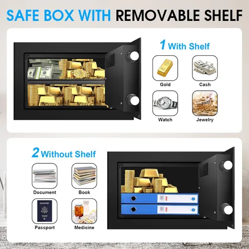 Vista 5 de Cajas fuertes pequeñas para uso doméstico, caja de seguridad digital con cerradura de combinación, llaves de repuesto y estante extraíble, caja