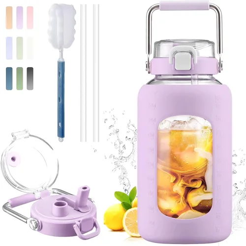 Vista 21 de BLUEGO Botella de agua de vidrio de 64 onzas con mango de acero inoxidable, botella de agua grande con marcadores de tiempo y funda de silicona Ámbar