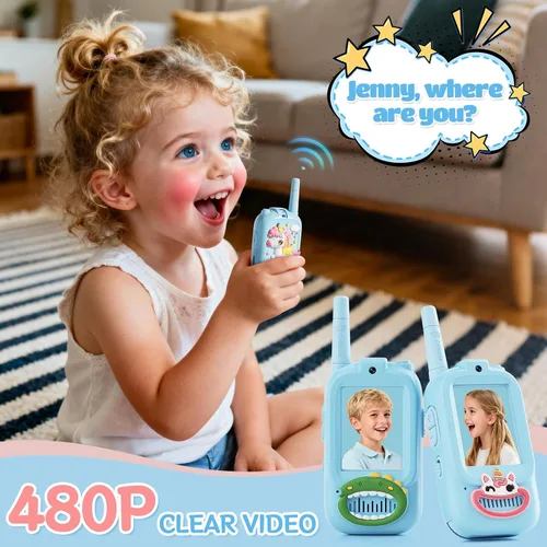 Vista 4 de Walkie Talkies de video para niños, paquete de 2 walkie talkies para niños con bonita cubierta de silicona, cambiador de voz, rango de 1000 pies
