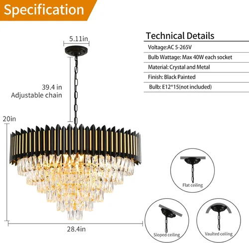 Vista 6 de Candelabro moderno de cristal negro y dorado de 15 luces para comedor, sala de estar, redondo, 6 niveles, contemporáneo, colgante de techo, lámpara