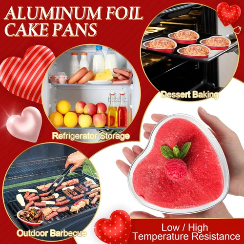 Vista 7 de Yinkin Juego de 50 moldes de aluminio con forma de corazón de 9 onzas con tapa, moldes desechables de papel de aluminio para cupcakes, moldes