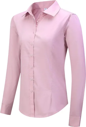 Vista 13 de Blusa de trabajo con botones para mujer, de algodón elástico, manga larga, ajuste delgado