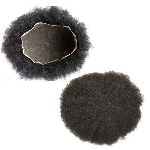Vista 6 de Afro Toupee For Black Men Black Human Hair Mens Toupee Full Lace Hairpiece African American Wavy Kinky Hair System For Men 2MM Afro Wavy-#1 Jet Black