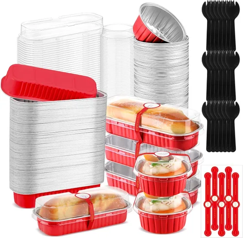 Vista 7 de Suclain 600 piezas de mini moldes para pan negros y dorados con tapas y cucharas, calcomanías de sellado de 6.8 onzas, papel de aluminio desechable